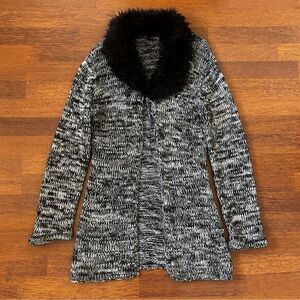 Y2K Black and White Knit Cardigan with Faux Fur Collar